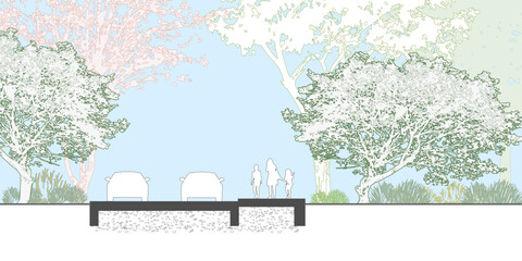 Architectural Drawings, Minimal style cad tree line drawing, Side view, set of section wetland forest outline for landscape design drawing. Vector illustration in seperate element