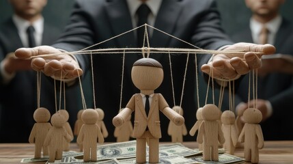 Business concept with a businessman controlling wooden puppet figures with strings, symbolizing corporate control and power.