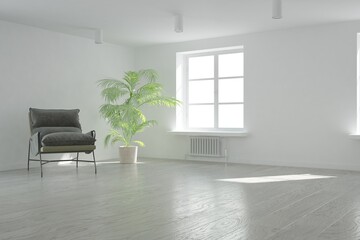modern room with gray armchair,plant in wood flowerpot and heating battery