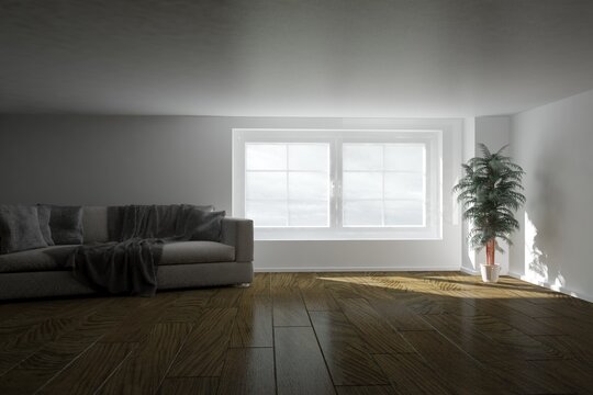 modern room with soa with pillows and plaid and beautiful sky background in windows