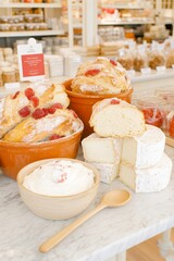 Fototapeta premium Delicious assortment of freshly baked goods and artisanal cheese displayed in a quaint shop setting with bright lighting