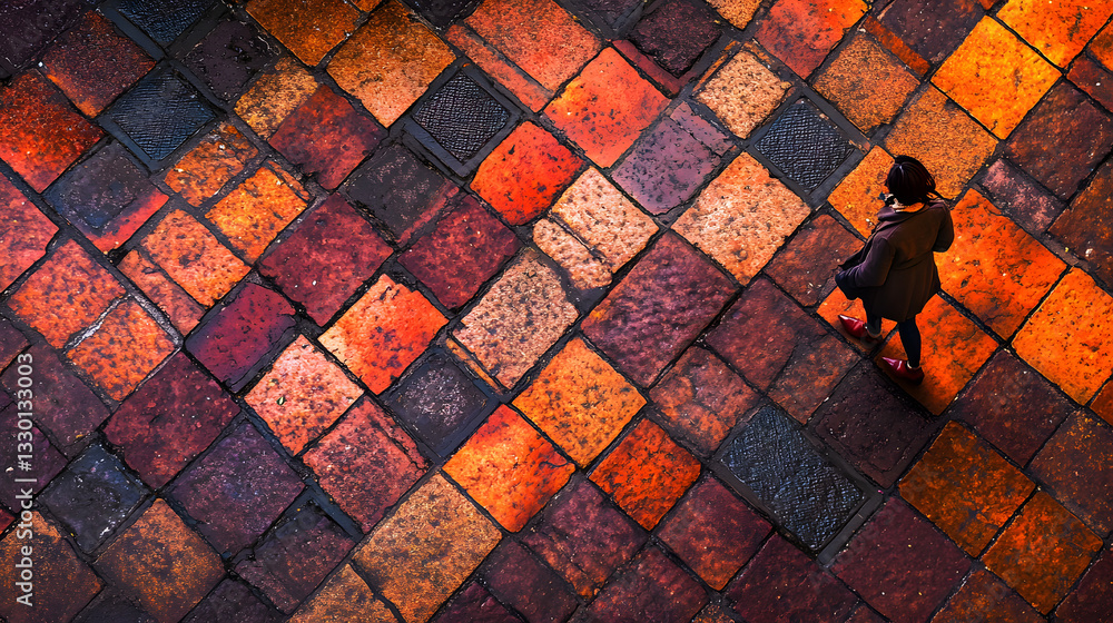 Poster a person walking on a brick walkway surrounded by colorful tessellated figures in a geometric patter