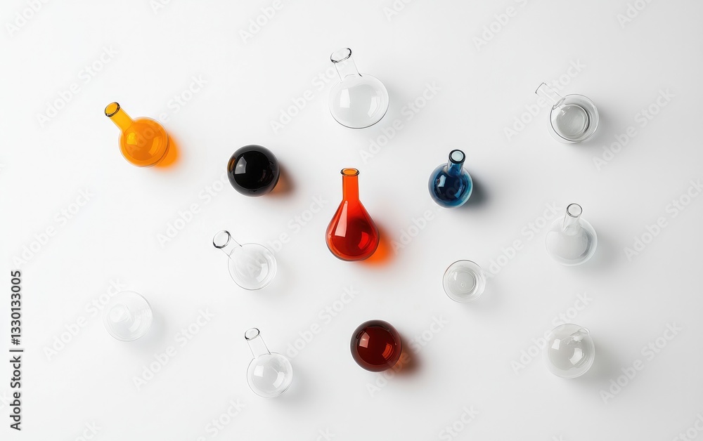 Poster top view of colorful liquid in glass flasks and round bottom flasks on white background