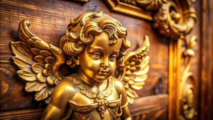 Fototapeta premium Golden Cherub Wood Decoration, Luxury Wooden Angel Figurine, Gilded Putto Carving, Ornate Wood Art, Decorative Wooden Cherub