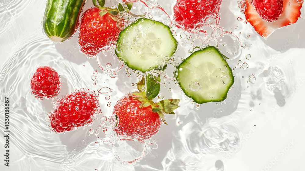 Poster refreshing sparkling water with cucumber and berries for summer hydration
