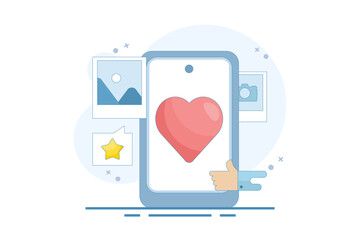 Social media and technology concept with smartphone, like buttons and geometric shapes, chat. Online social communication app concept. Flat vector illustration on background.