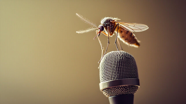 Mosquito sitting on a microphone, close-up. Insect, Beetle, product, text placement. Protection against insects. Isolated on brown background

