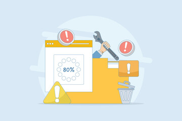 HDD repair concept. Recovery process. Data recovery, data storage backup, hardware disk repair service. Vector illustration in flat cartoon design on background.