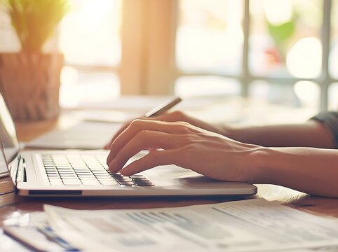 Close-up of hands typing on a laptop keyboard while reviewing tax documents and financial statements on a wooden desk
