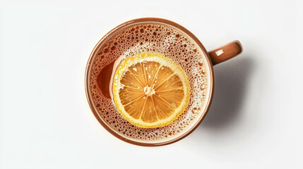 Steaming cup of earl grey tea with lemon slice top view