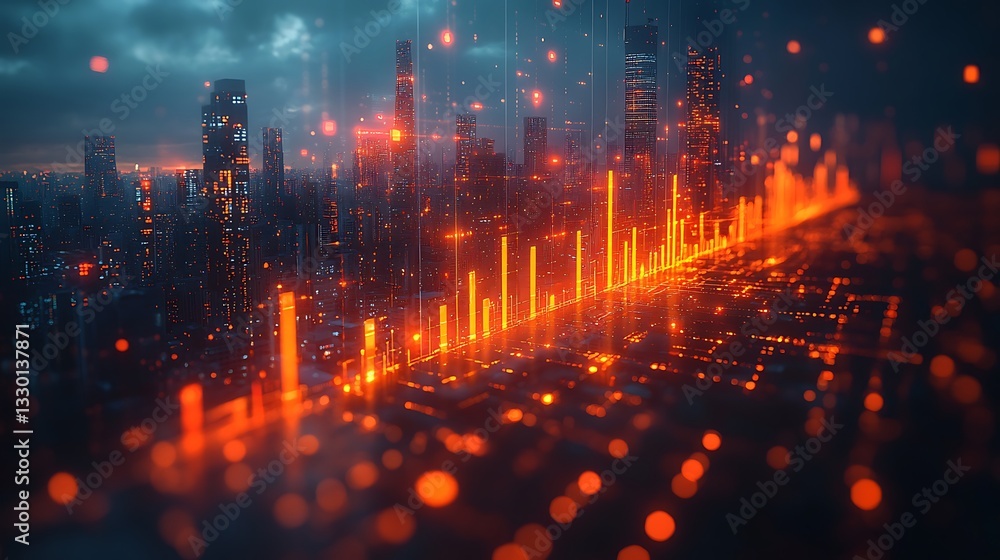 Poster futuristic skyline with glowing data visualization, digital cityscape with abstract network connecti