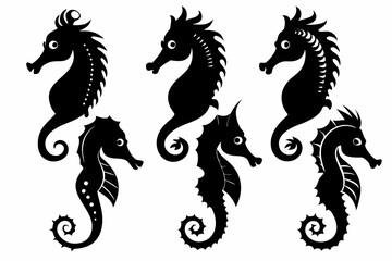 seahorse set line art silhouette vector illustration