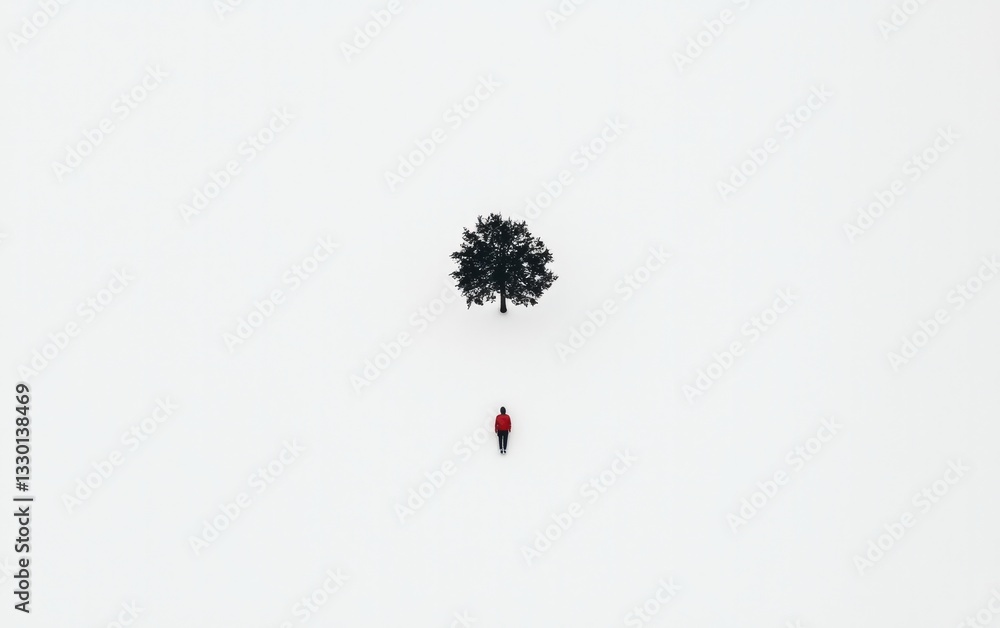 Poster aerial view of person in red jacket walking towards lone tree in snowy field