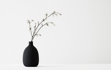 A black minimalist modern round vase with a branch of delicate small white flowers in a neutral background set on a light beige surface with copy space
