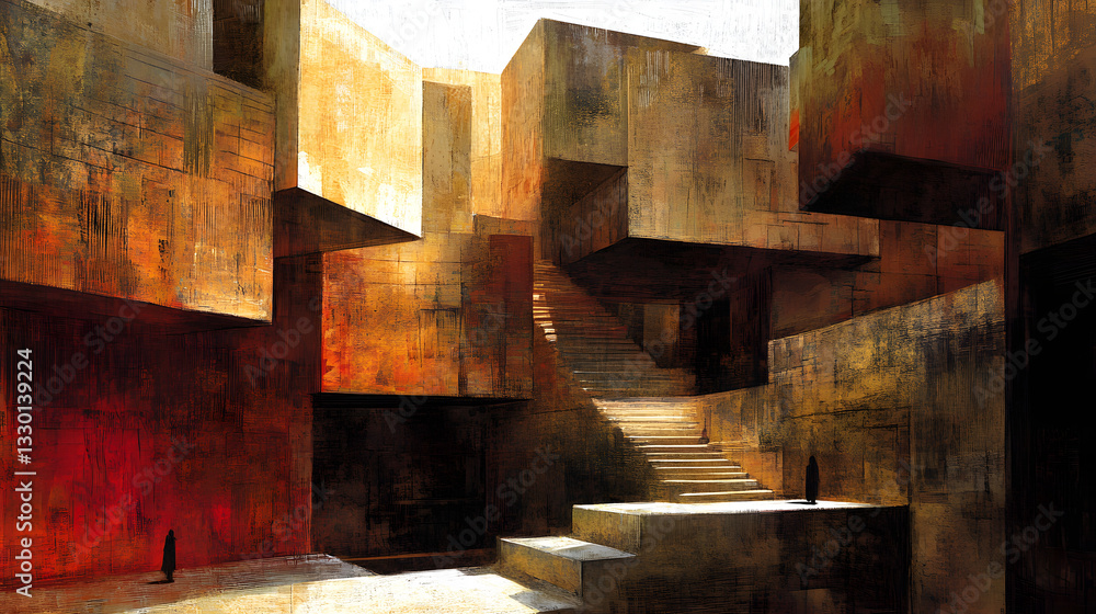 Poster person walking down a set of stairs surrounded by textured angular designs bathed in warm lighting c