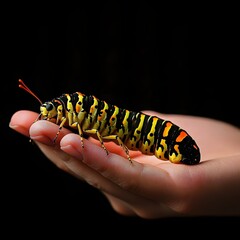 Naklejka premium Vibrant Caterpillar Resting on a Woman s Outstretched Palm