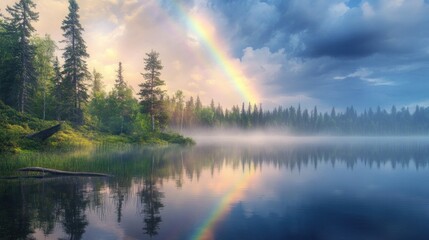 Fototapeta premium Misty lake reflecting rainbow & forest at sunrise.