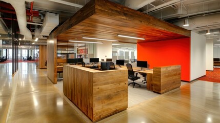 Modern office interior with wood accents, red wall, and open workspace.