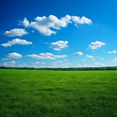 Obraz premium Expansive Pastoral Landscape with Fluffy Clouds and Lush Green Grass on a Sunny Summer Day