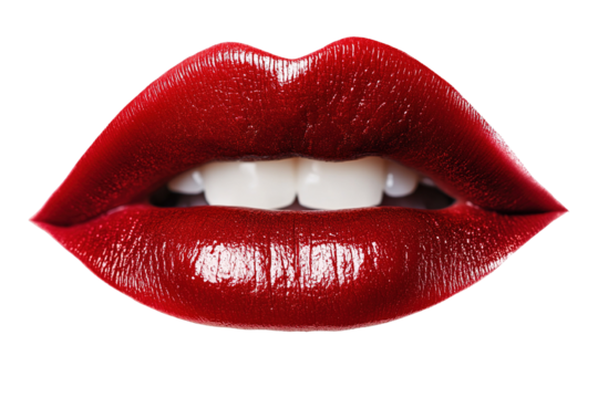 Beautiful female lips with glossy red lipstick isolated on white background. isolated on transparent background, cut out. 