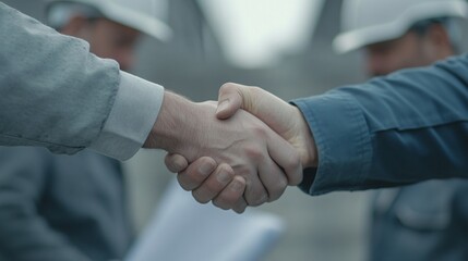 Hands shaking in agreement, diverse construction workers collaborating on a project, demonstrating teamwork and unity.