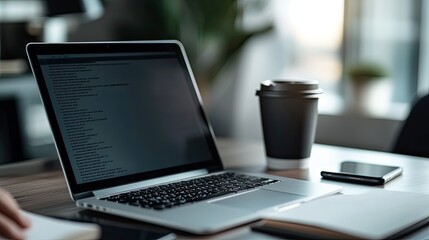 A minimalist workspace featuring a sleek silver laptop with an open screen, a notebook filled with handwritten notes, and a black pen. A person hand, partially visible, holds a coffee cup. A