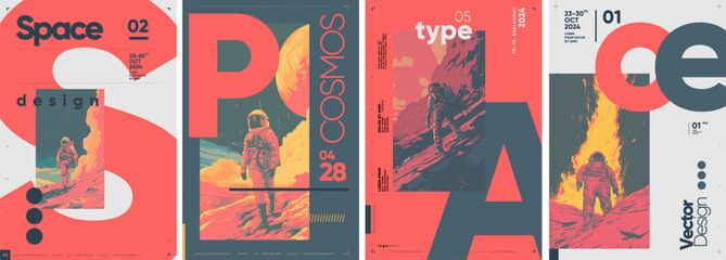 A space-themed poster design featuring bold typography and an astronaut. The vibrant use of color and futuristic elements highlights the theme of space exploration.