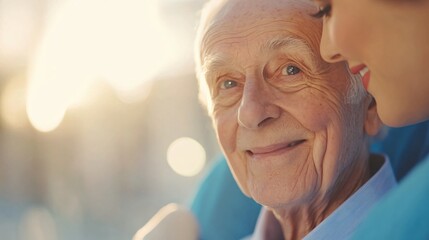 Joyful elderly man smiling warmly, happy senior with gentle expression enjoying time with loved one, soft sunlight ambiance.