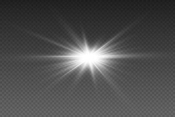 White star flash with magical rays of light. On a transparent background.