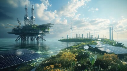 Offshore oil rig near a green energy island with solar panels and wind turbines.