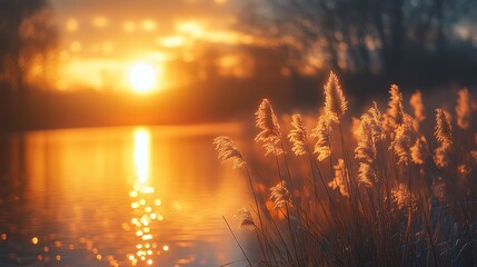 Golden Hour Glow: Serene Lake Reflecting the Setting Sun with Silhouetted Reeds in a Peaceful Natural Landscape.