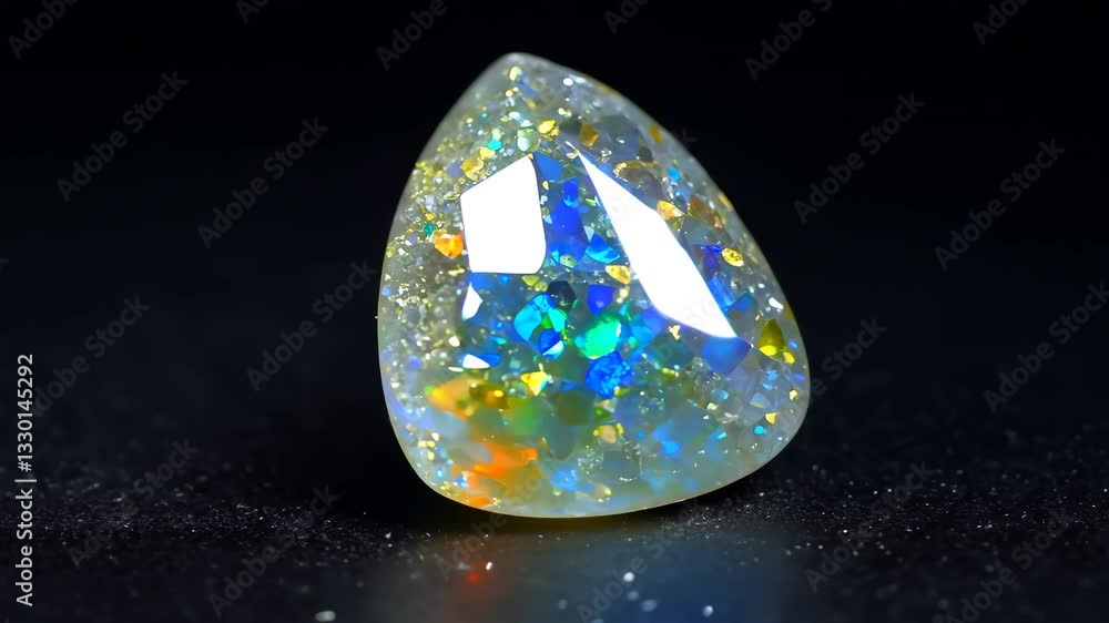 Poster a close-up view of a sparkling opal gemstone displaying vibrant colors and a smooth surface, set aga