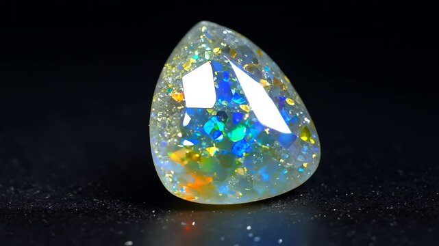 A close-up view of a sparkling opal gemstone displaying vibrant colors and a smooth surface, set against a dark mineral pattern texture macro background.