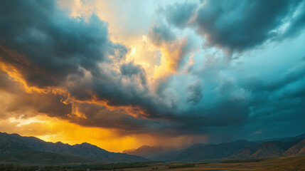 Obraz premium Dramatic sunset over mountain range with stormy clouds and golden light