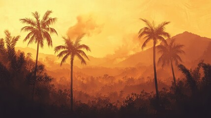 Fototapeta premium Scenic Sunset with Palm Trees over a Tropical Mountain Landscape