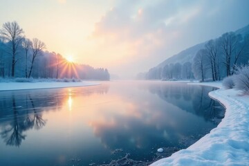 Frosty air wraps around a frozen lake on a cold winter morning, chilly, icy waters, quiet