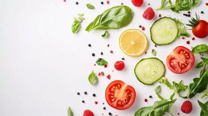 Healthy food background on white. Long banner format.