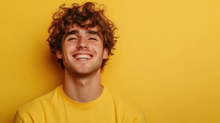 Smiling young man with curly hair on a vibrant yellow background, wearing a casual yellow t shirt, radiating positivity and confidence Engaging portrait ideal for lifestyle imagery