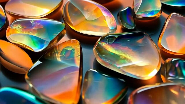A collection of colorful, polished Opal gemstones with iridescent surfaces, reflecting light in various hues. The stones are arranged closely together, showcasing their unique shapes.