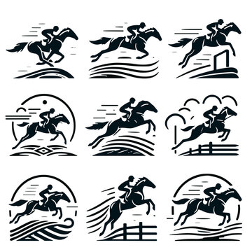 Dynamic steeplechase jump illustrations capturing the excitement of horse racing on a white background, copy space