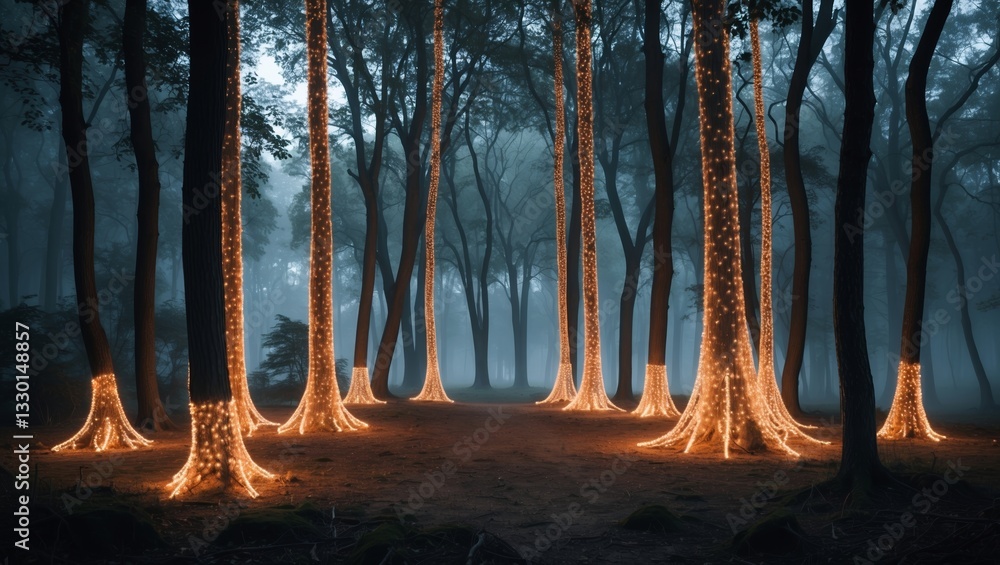 Poster enchanted forest with illuminated trees creates a magical atmosphere at twilight