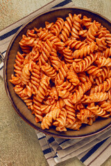 fusilli pasta dish, made with tomato sauce, homemade, no people,