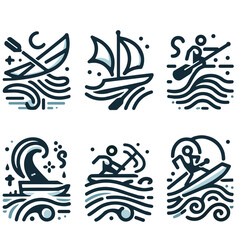 Obraz premium Exciting water sports illustrations featuring sailing, surfing, and paddling activities on a white background, copy space