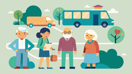 A communitybased senior support network provides free transportation services for elderly residents ensuring they can attend appointments and social events.. Vector illustration