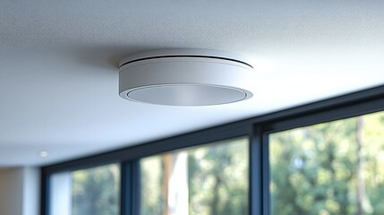 Modern, minimalist ceiling light fixture, circular design, mounted flush against the ceiling.  Features a sleek, white finish and a simple, contemporary aesthetic