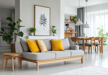 White and gray living room interior with a sofa, coffee table, and wooden dining set near a yellow poster on the wall.