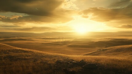 Obraz premium Golden Sunrise Over Rolling Hills with Wind Turbines in Distance