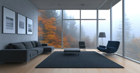 A living room with large windows, concrete walls and floor, a grey sofa, a black armchair, a blue chair in front of the window