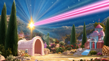 Celestial Beam Illuminates Sacred Garden Path:  Figure Approaches Ancient Tomb, Hopeful Ascent