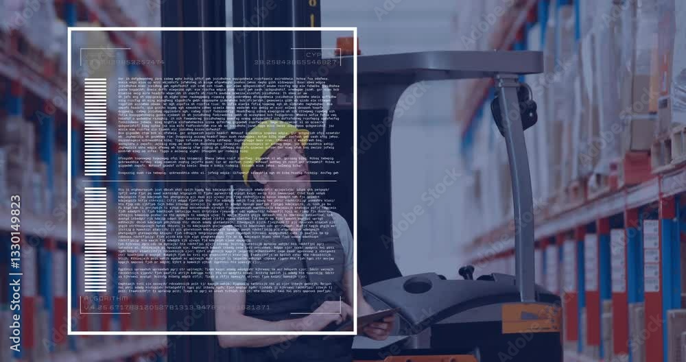 Poster operating forklift, warehouse worker using animation with digital data overlay